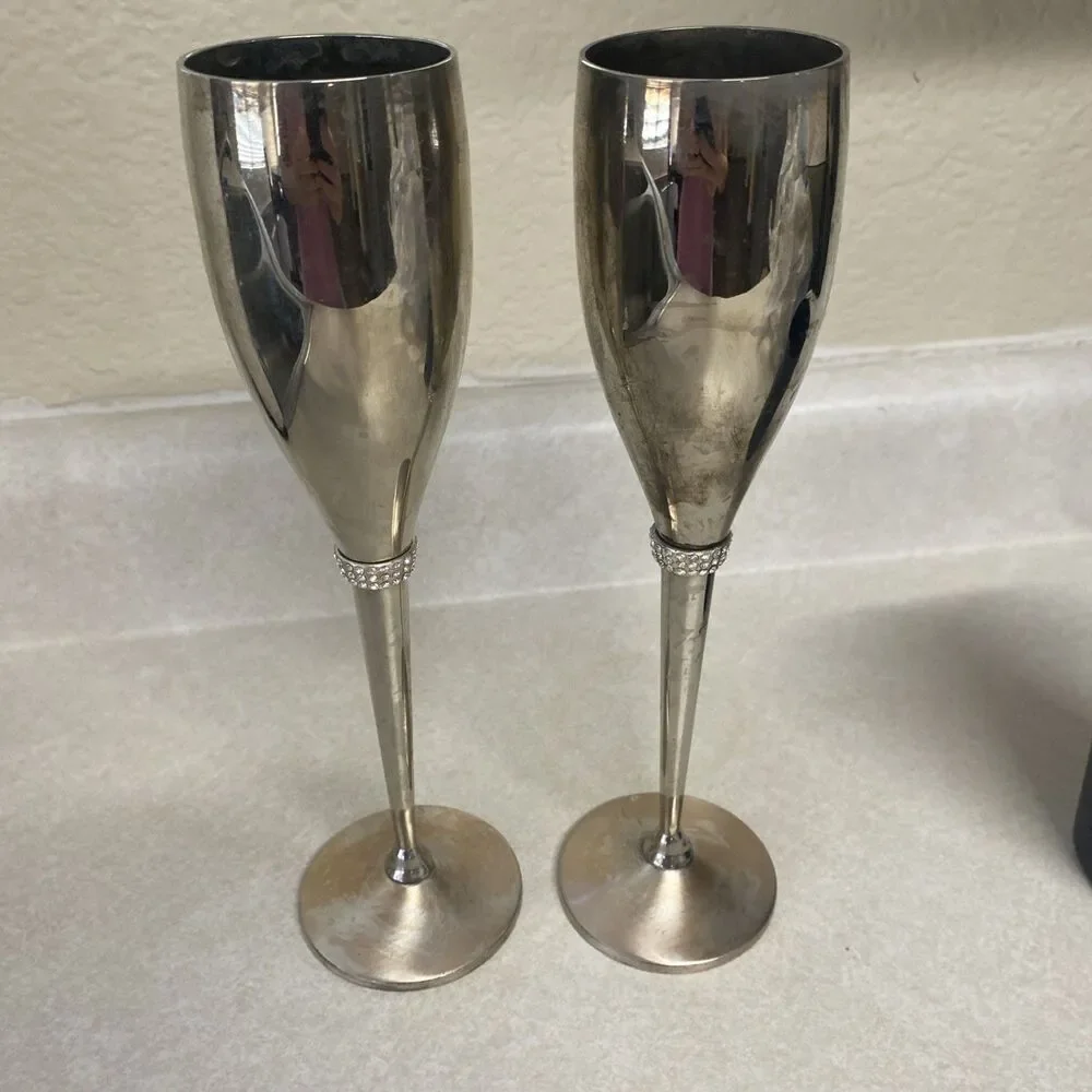 Things Remembered Silver Plated Swarovski Crystal Champagne Toasting Flutes Set